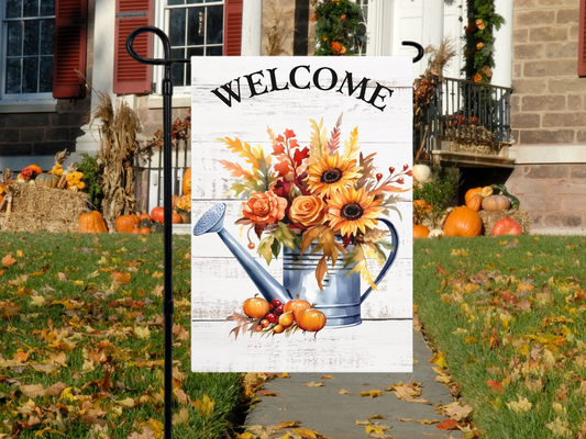 Welcome, Watering Can With Fall Flowers Yard Flag